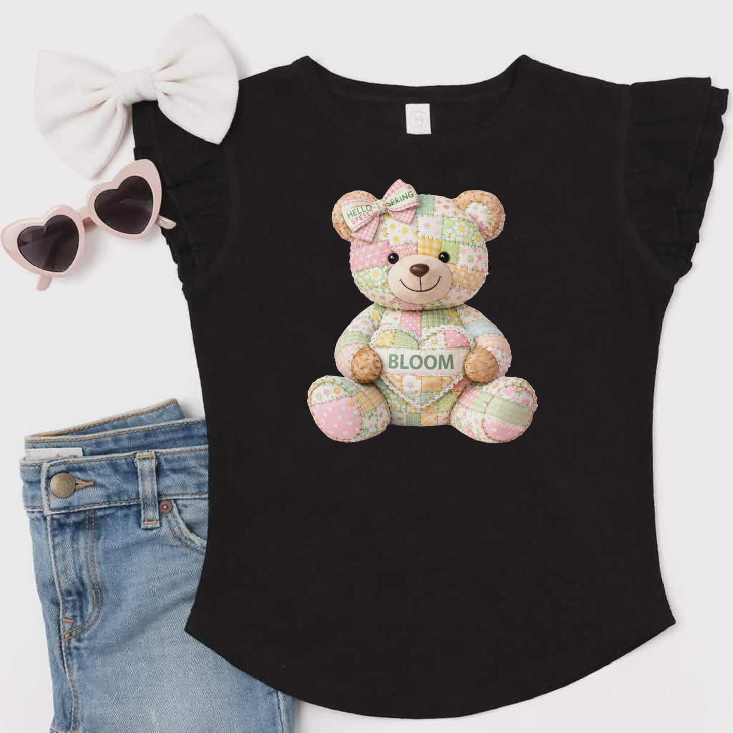 Spring Bloom Quilt Teddy Bear Flutter Sleeve T-Shirt