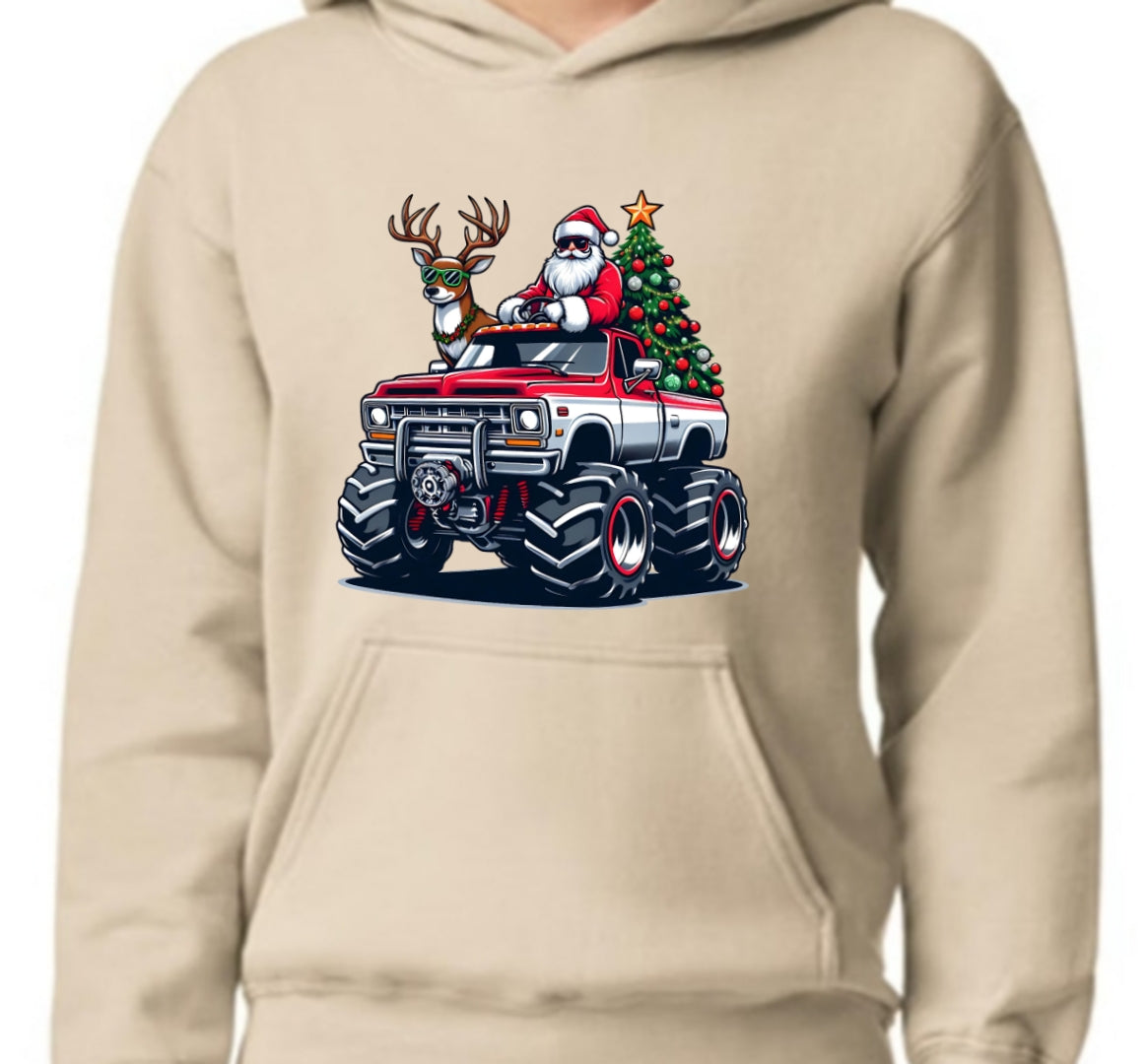 Monster Truck Christmas Santa Top avail in Black or Beige ~ Hooded Sweatshirt, Crew or T-Shirt