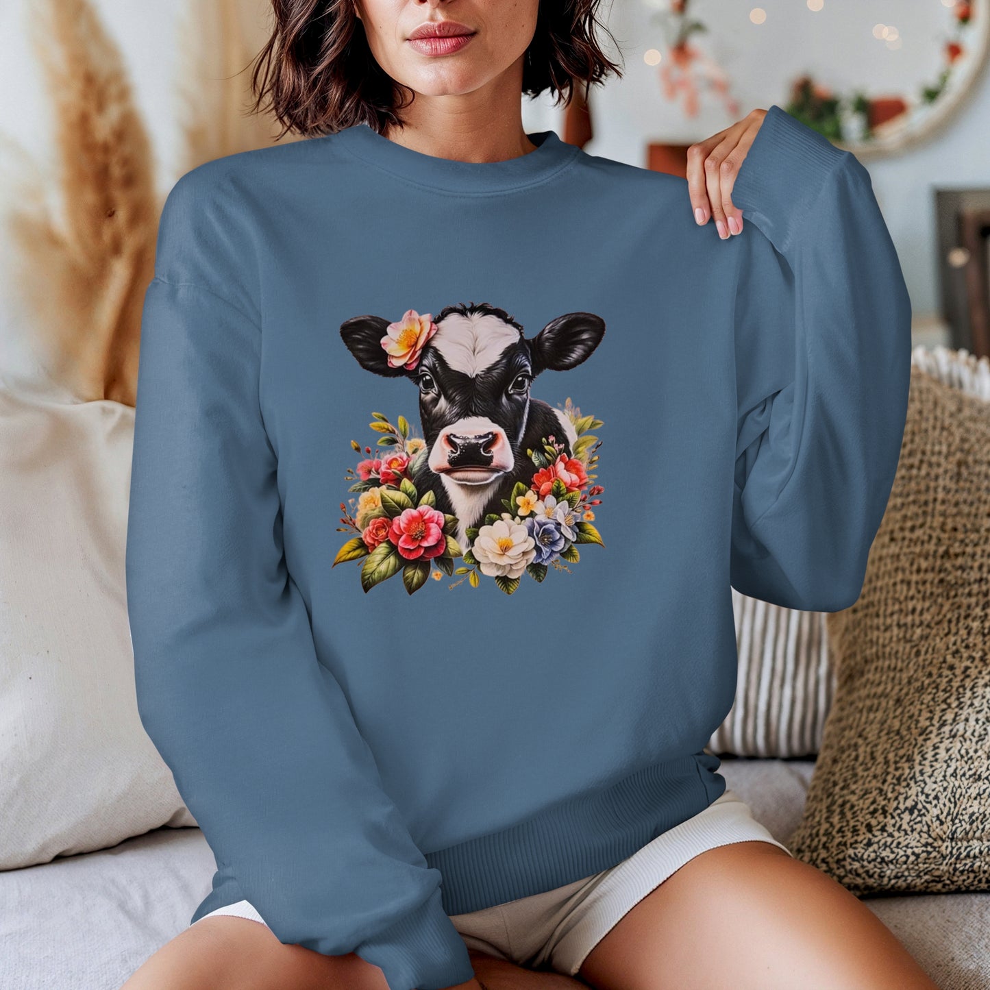 Floral Holstein Calf Crewneck Sweatshirt