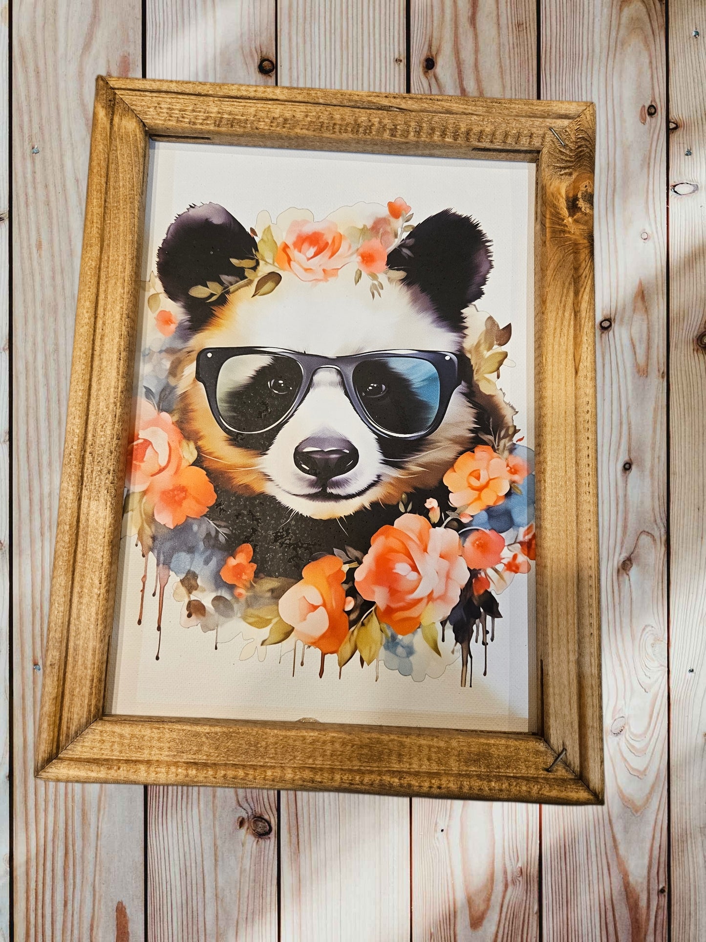 Panda Floral Framed Wood Decor
