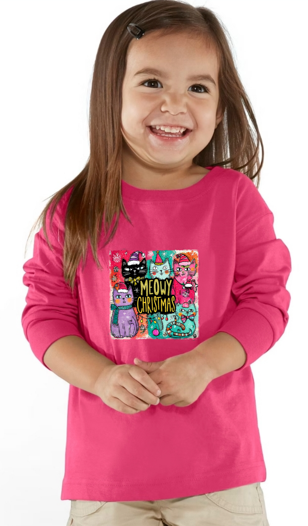 Rabbit Skins RS3302 - Toddler Long-Sleeve, Girls Meowy Christmas Top