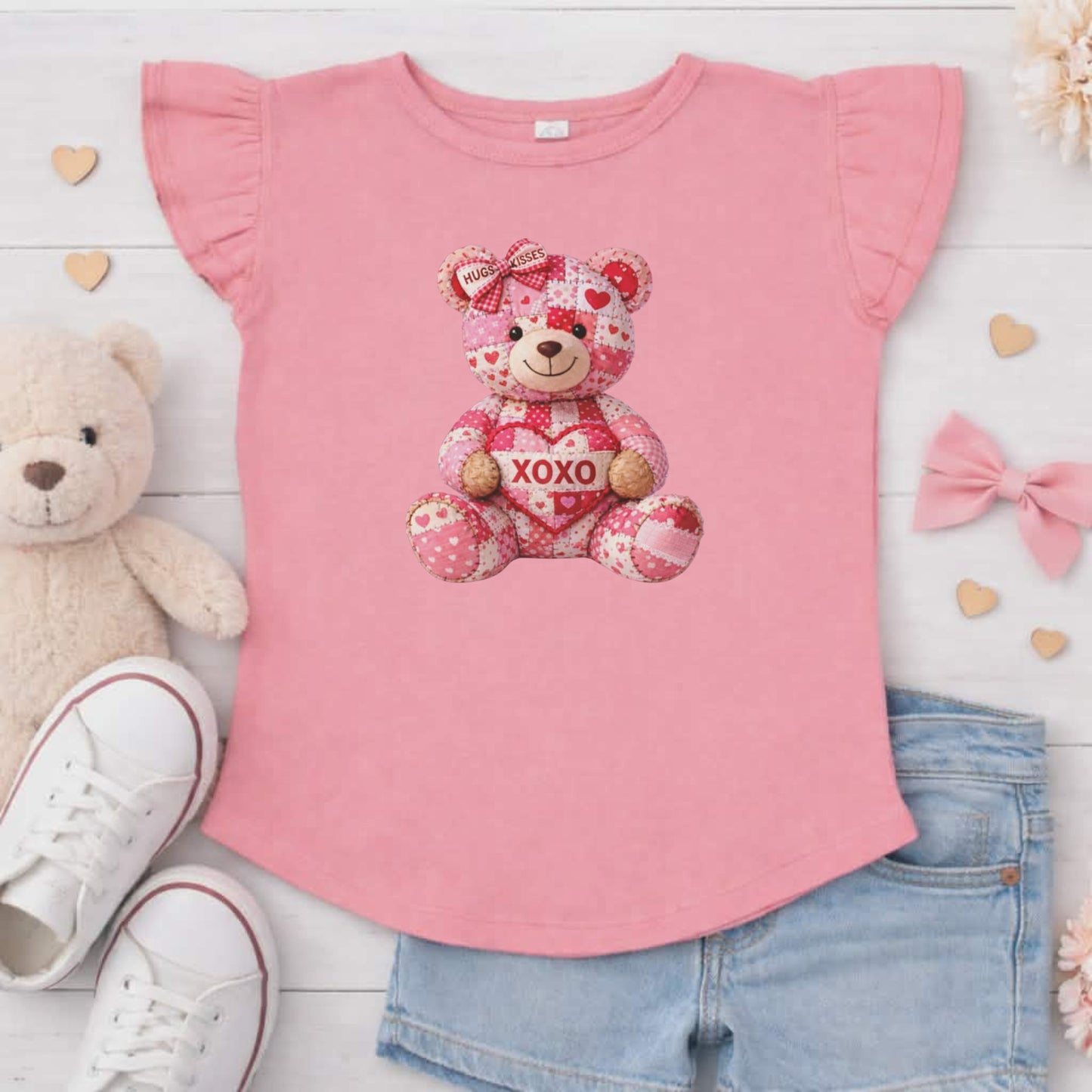 XOXO Quilt Teddy Bear Flutter Sleeve T-Shirt