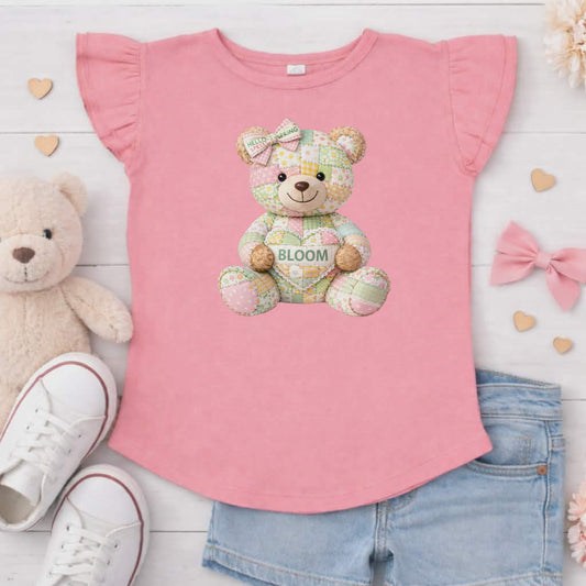 Spring Bloom Quilt Teddy Bear Flutter Sleeve T-Shirt
