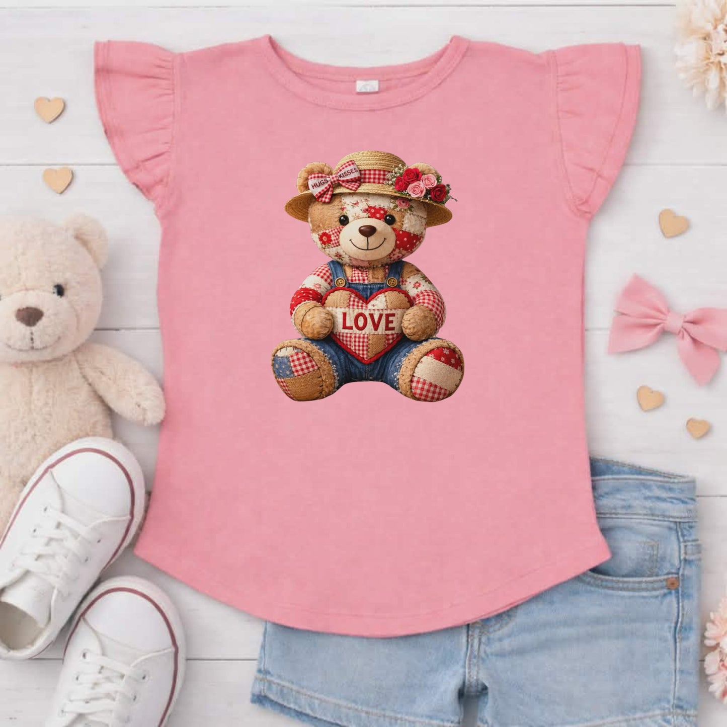 Love Quilt Teddy Bear Flutter Sleeve T-Shirt