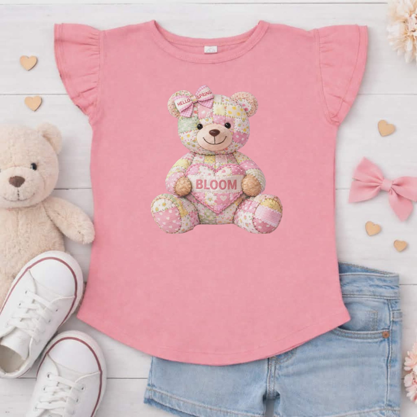 Bloom Quilt Teddy Bear Flutter Sleeve T-Shirt