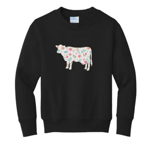 Floral Cow Crewneck- Youth