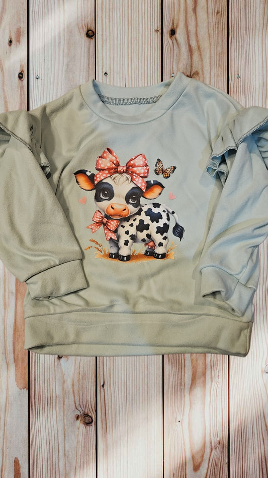 Butterfly Cow Bow Flutter Sleeve Sweater