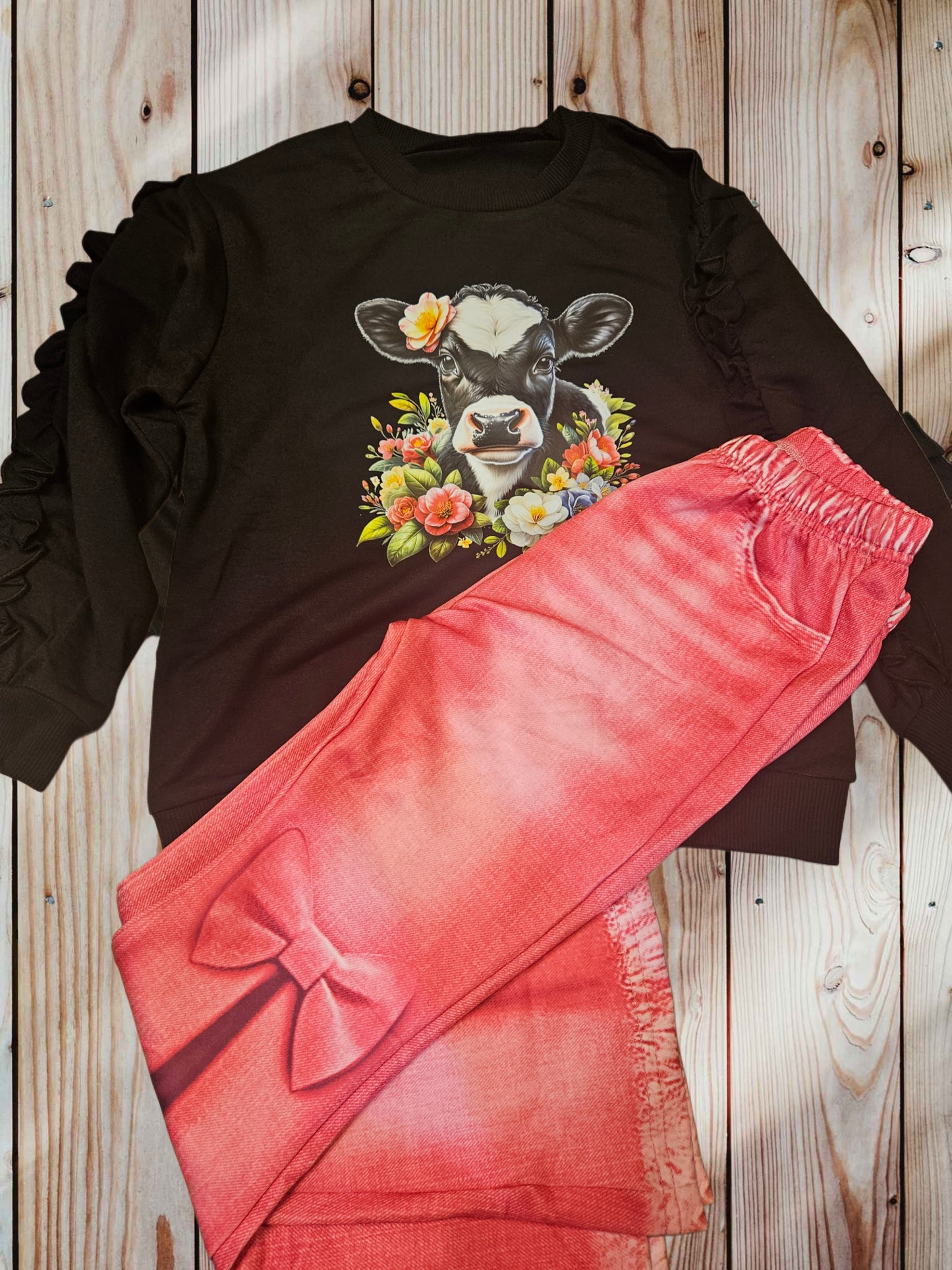 Floral Holstein Cow & Pink Flare Legging Set