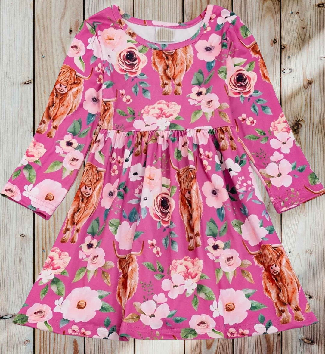 Highland Cow Pink Floral Dress