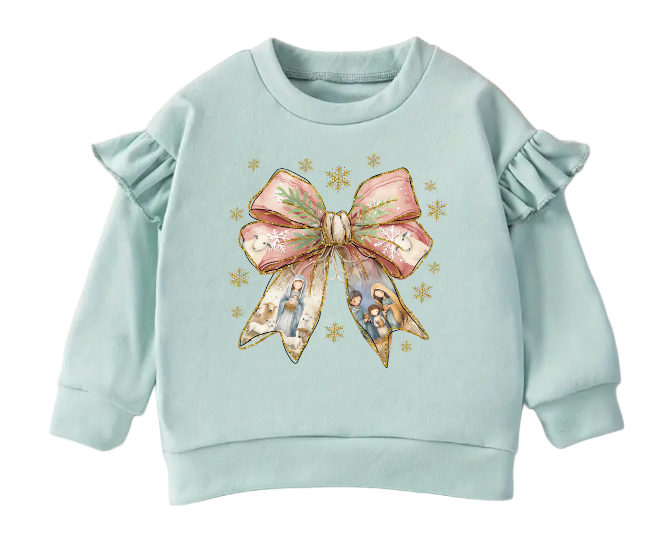 Nativity Scene Christmas Bow Flutter Sleeve Sweater