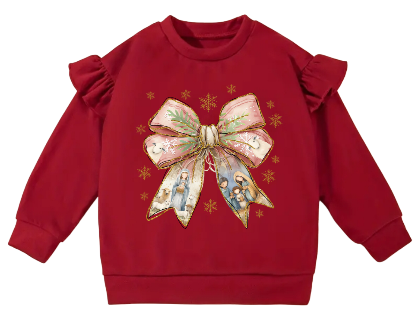 Nativity Scene Christmas Bow Flutter Sleeve Sweater