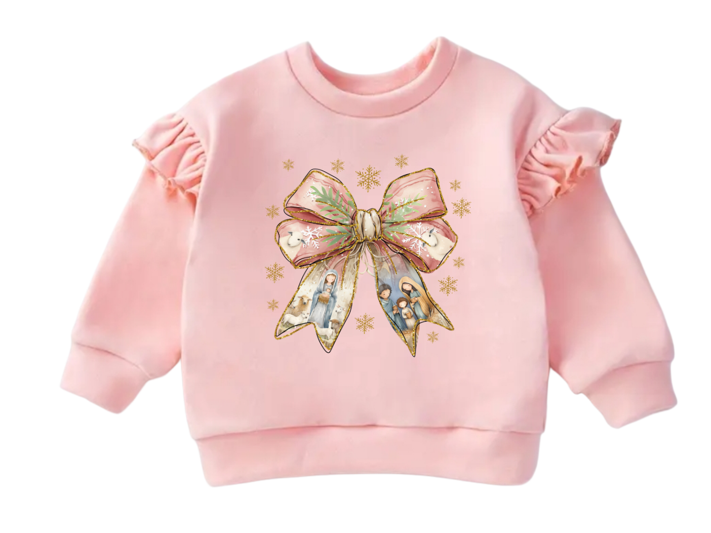 Nativity Scene Christmas Bow Flutter Sleeve Sweater