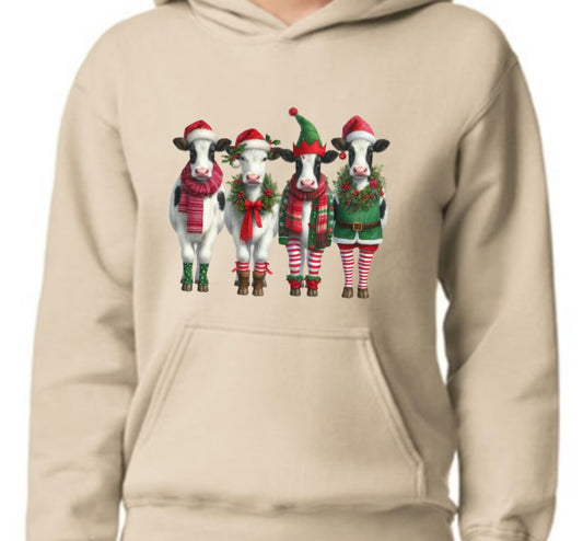 Christmas Cows Top avail in Black or Beige ~ Hooded Sweatshirt, Crew or T-Shirt