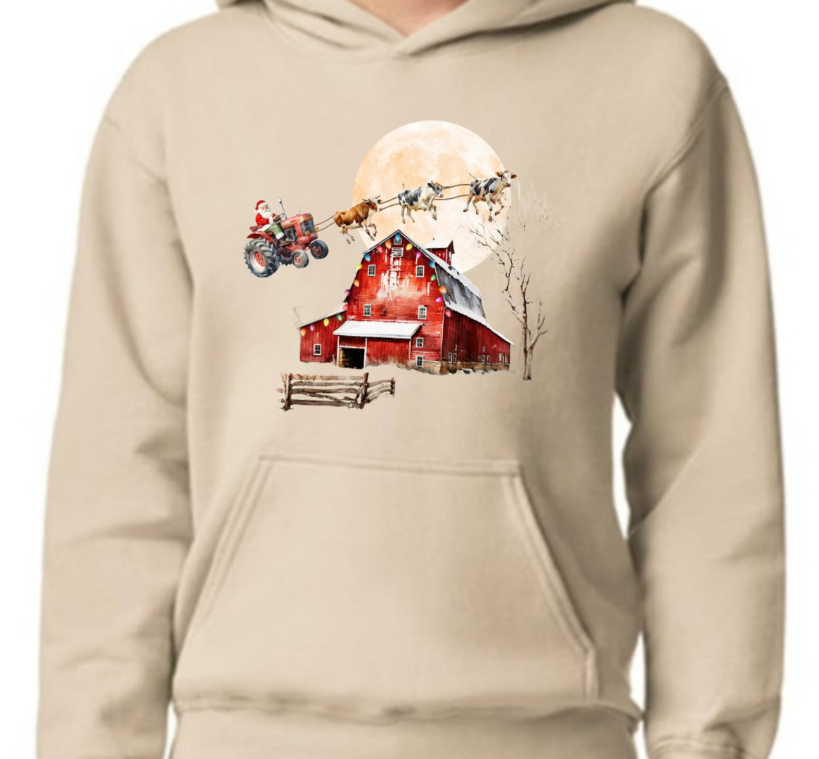 Santa in Tractor Sleigh with Cows~ Hooded Sweatshirt, Crew or T-Shirt