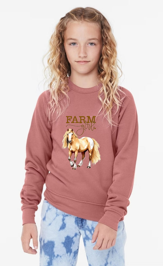 Farm Girl Horse Crewneck Mauve Youth Sizes