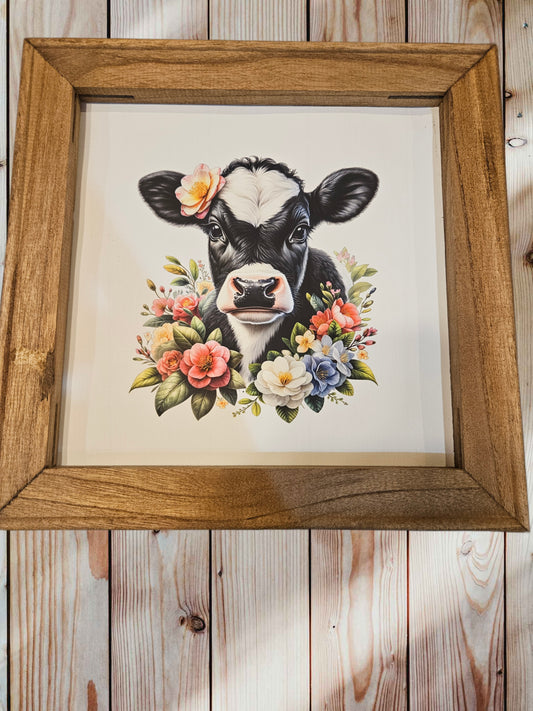 Floral Holstein Calf Framed Canvas Decor