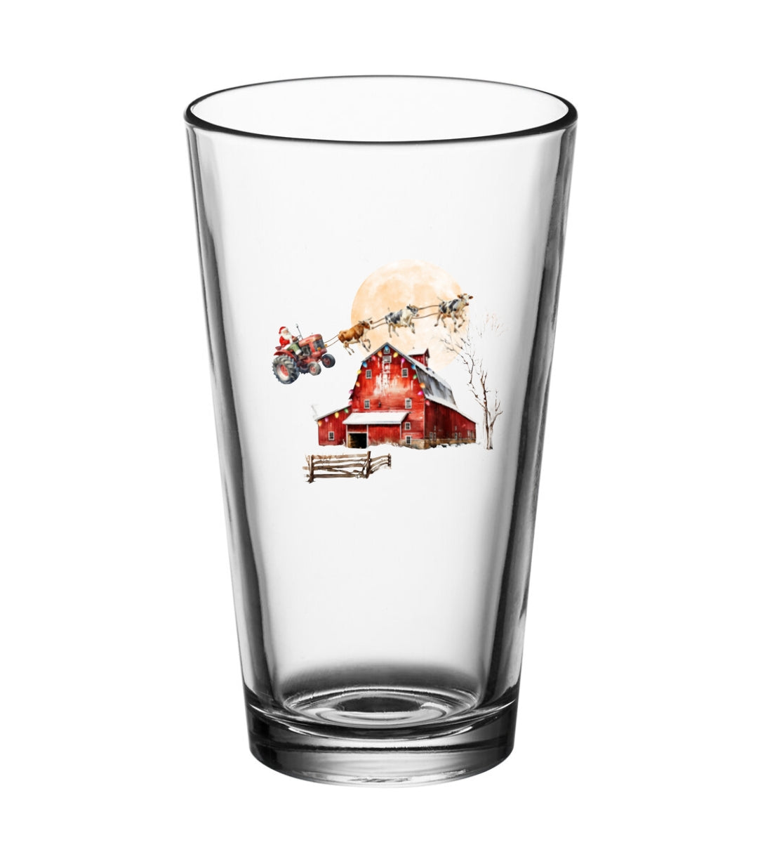 16OZ Glass Cup ~ Santa Cow Sleigh