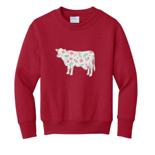 Floral Cow Crewneck- Youth