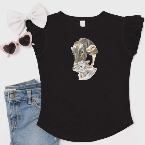 Brown Swiss Cow & Calf Flutter Sleeve T-Shirt
