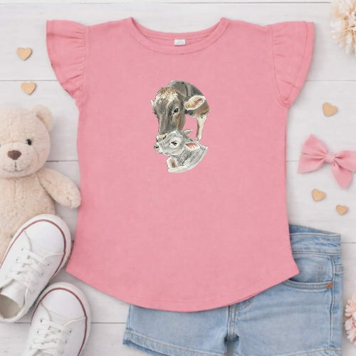 Brown Swiss Cow & Calf Flutter Sleeve T-Shirt