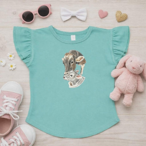 Brown Swiss Cow & Calf Flutter Sleeve T-Shirt