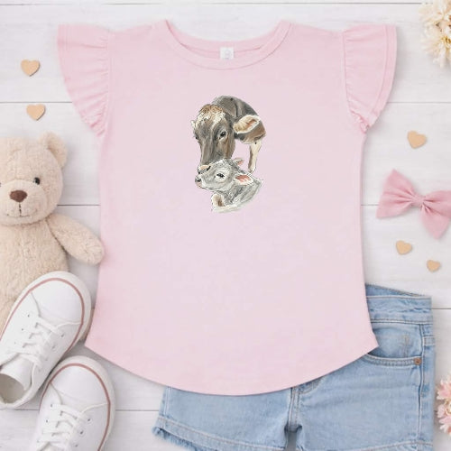 Brown Swiss Cow & Calf Flutter Sleeve T-Shirt