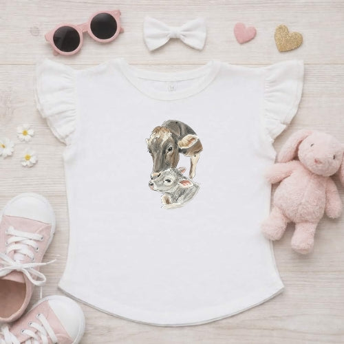 Brown Swiss Cow & Calf Flutter Sleeve T-Shirt