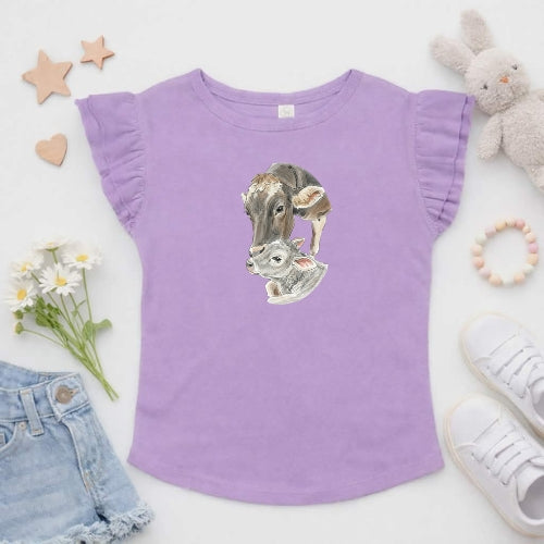 Brown Swiss Cow & Calf Flutter Sleeve T-Shirt