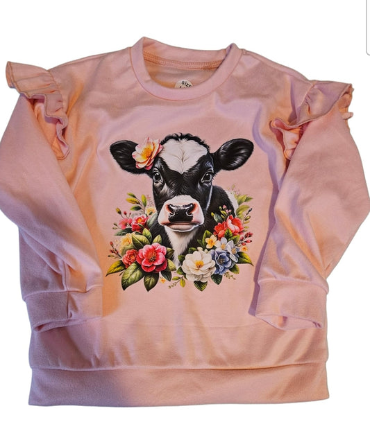 Pink Flutter Sleeve Floral Holstein Calf Sweater