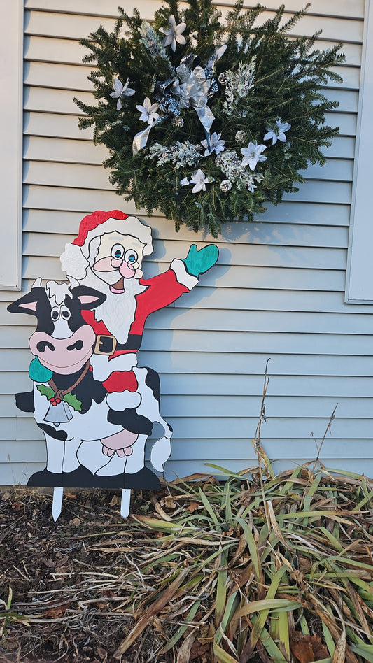 Santa Riding Holstein Cow Wood Yard Art Christmas Decor