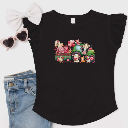 Valentines Day Tractor Ride Flutter Sleeve T-Shirt