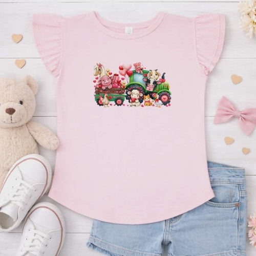 Valentines Day Tractor Ride Flutter Sleeve T-Shirt