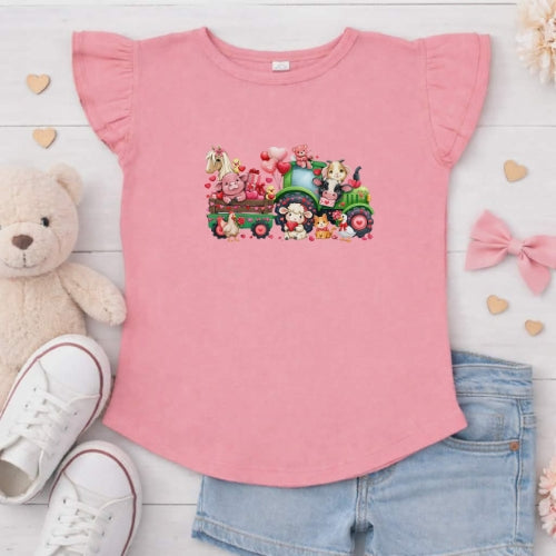 Valentines Day Tractor Ride Flutter Sleeve T-Shirt