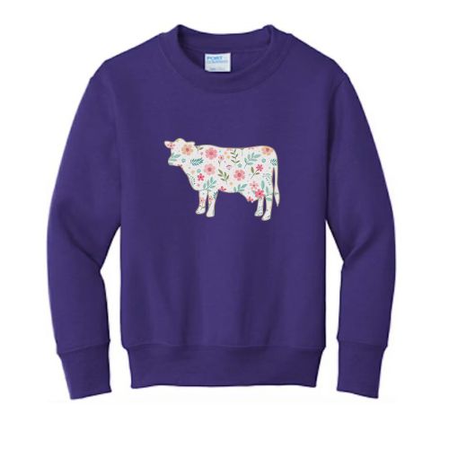 Floral Cow Crewneck- Youth