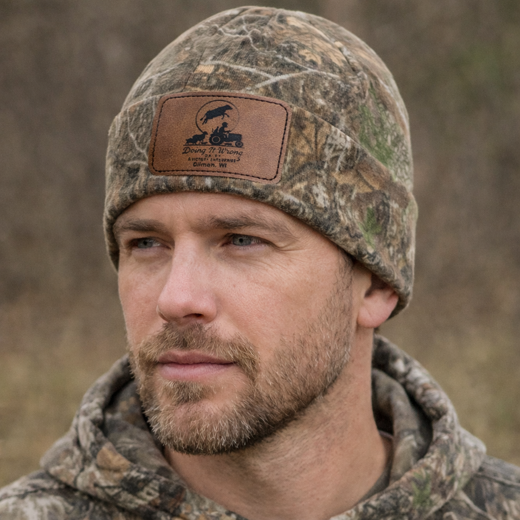 Camo Winter Knit Hat - Doing it Wrong Dairy Leather Patch
