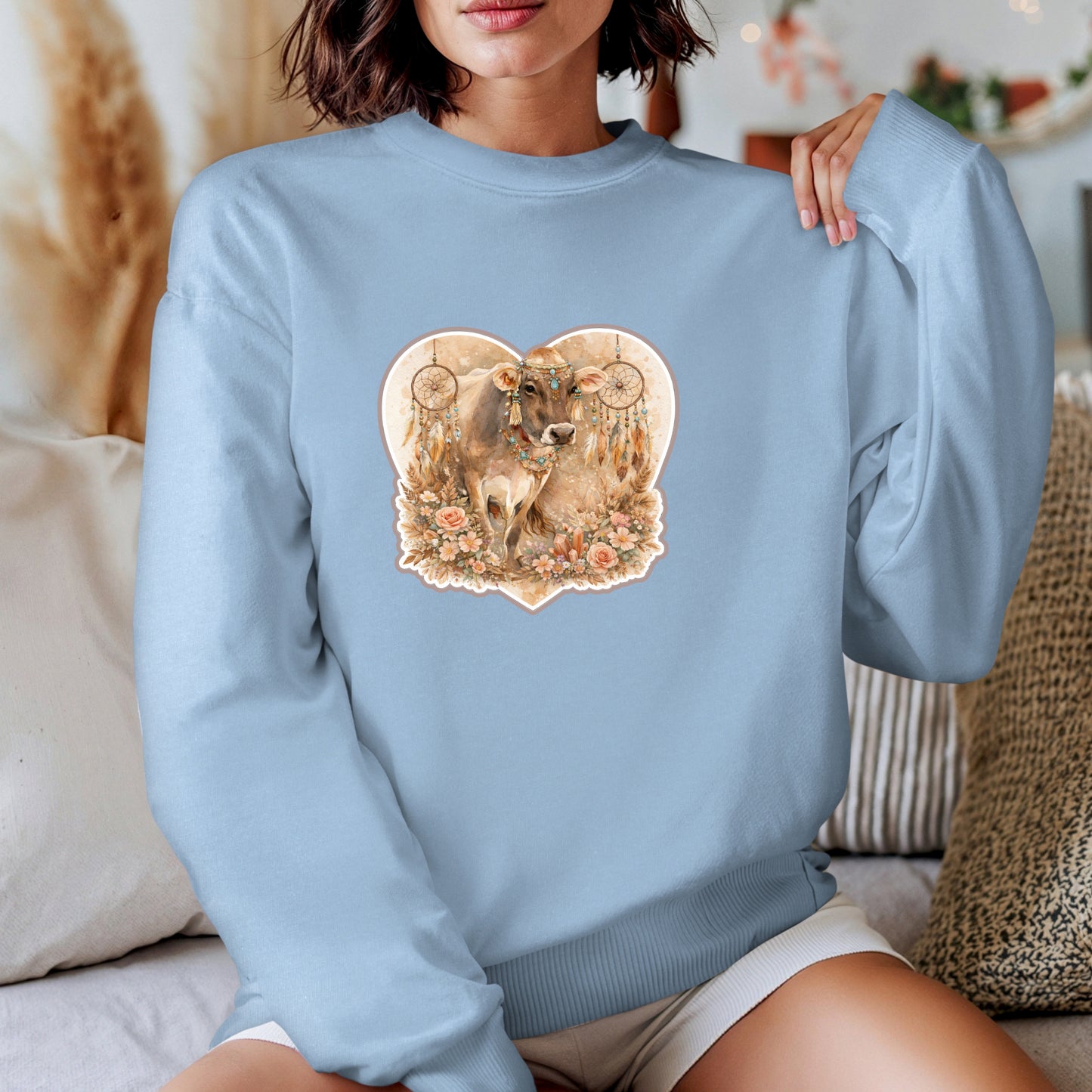Boho Heart Cow Crewneck