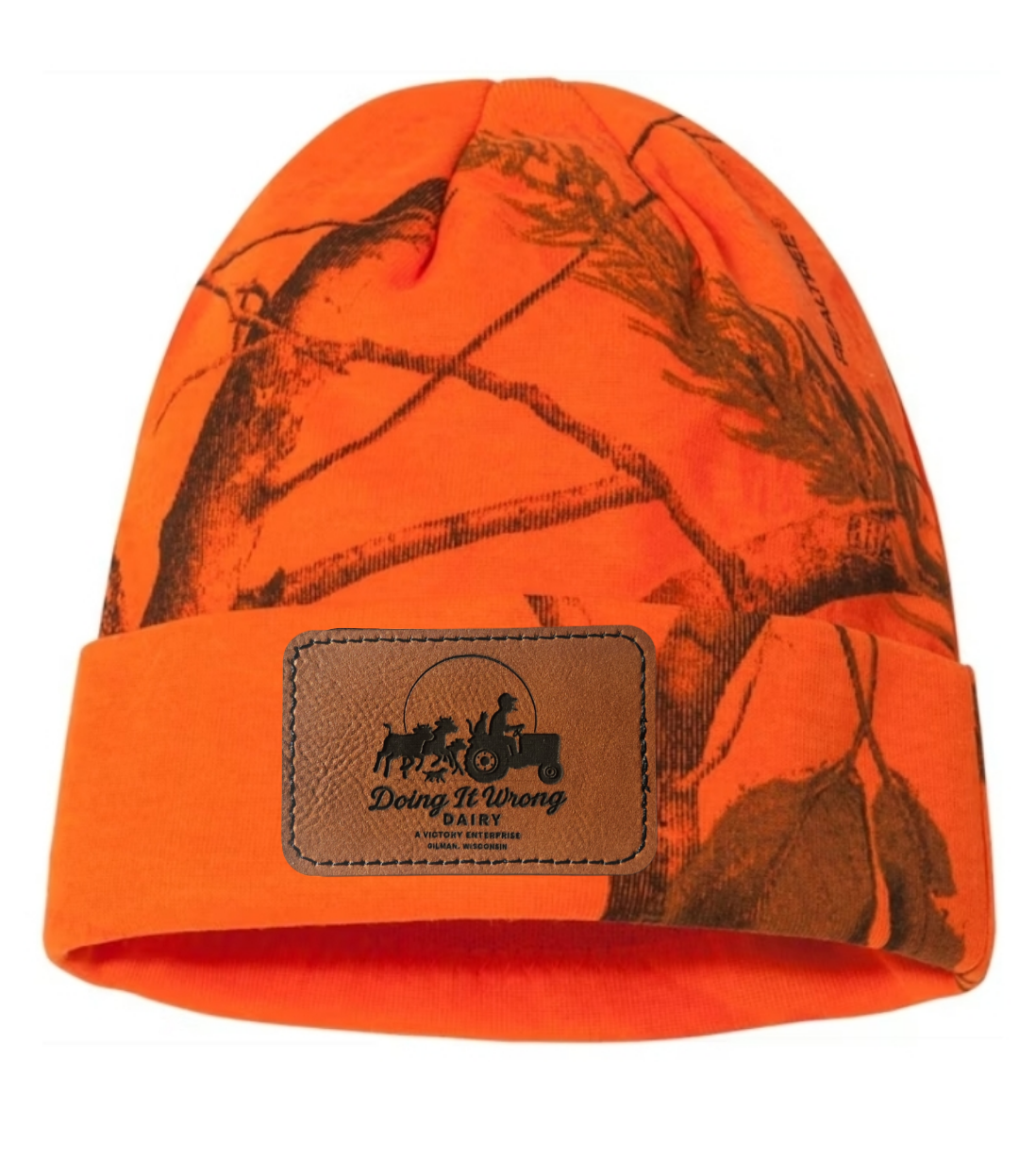 Camo Winter Knit Hat - Doing it Wrong Dairy Leather Patch, Tractor Animals Chasing Logo