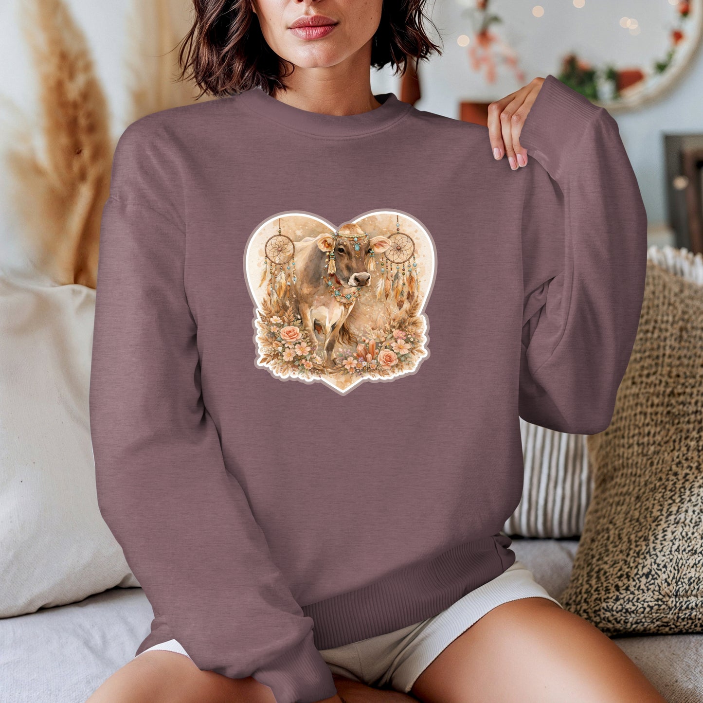 Boho Heart Cow Crewneck