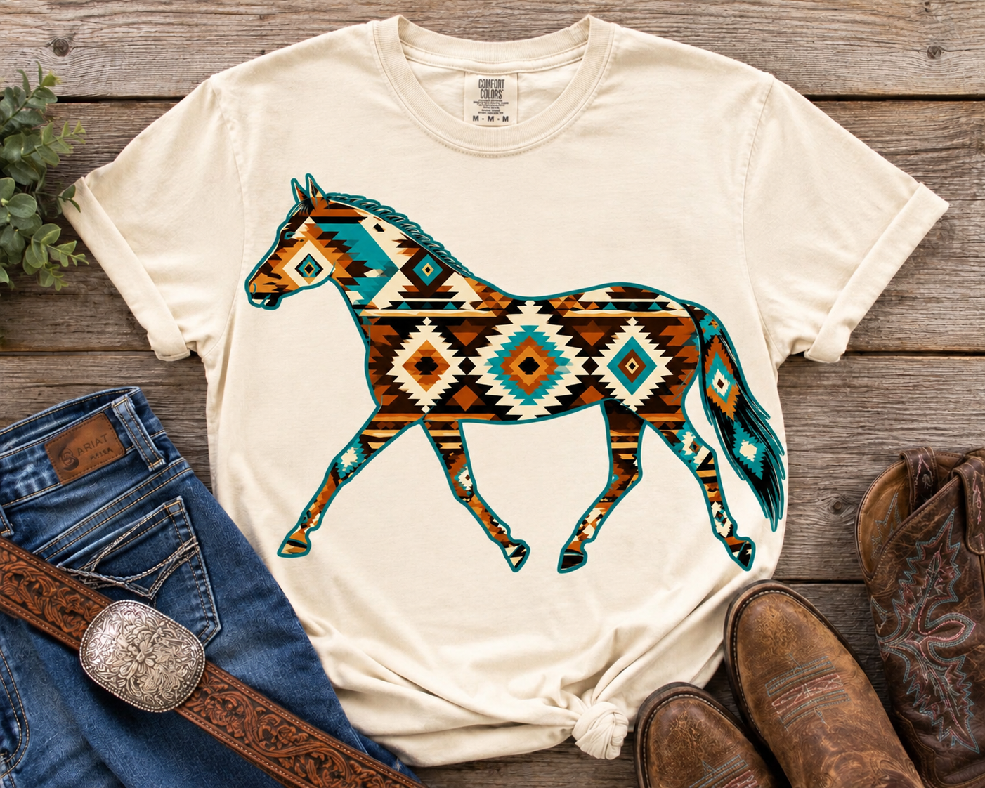 Aztec Horse Shirt - Cream / Turquoise