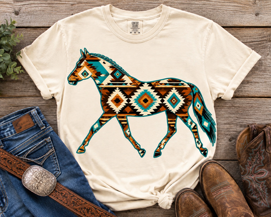 Aztec Horse Shirt - Cream / Turquoise