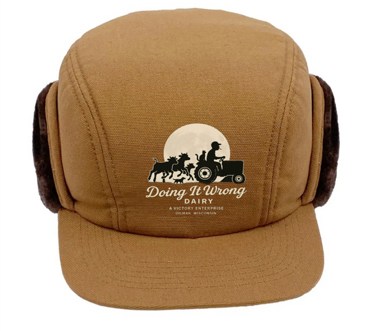 Brown Duck Cap with Flaps Tractor Animals Chasing Logo