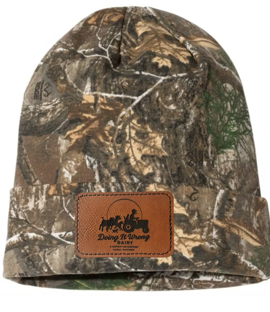 Camo Winter Knit Hat - Doing it Wrong Dairy Leather Patch, Tractor Animals Chasing Logo