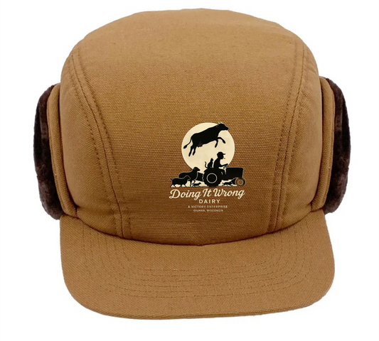 Brown Duck Cap with Flaps Tractor Animals Chasing Cow Over Moon Logo