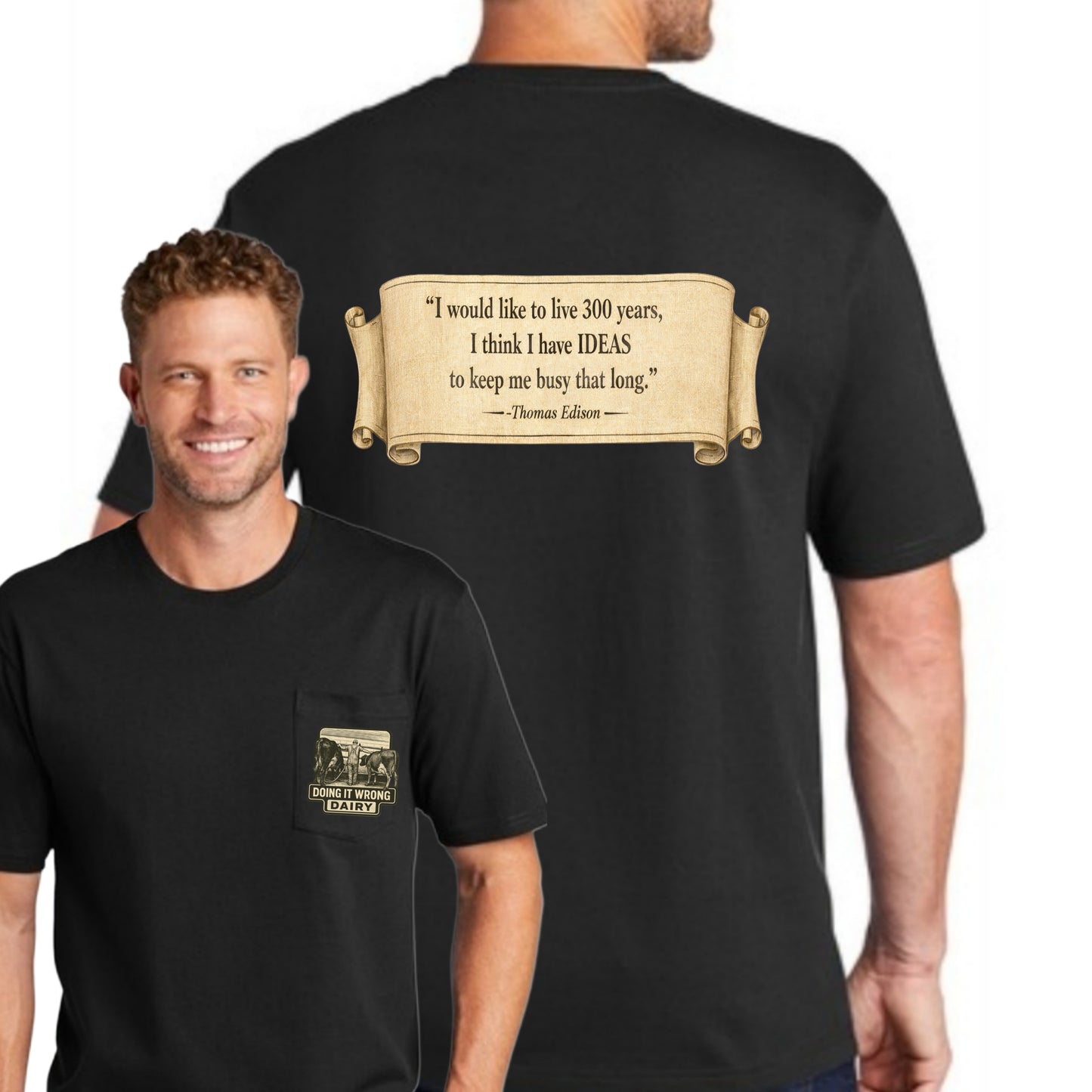 Heavy Cotton Pocket T-Shirt, Thomas Eddison Ideas Phrase- Black