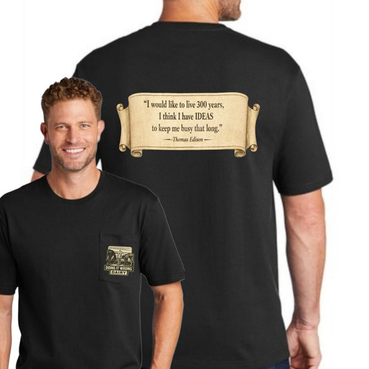 Heavy Cotton Pocket T-Shirt, Thomas Eddison Ideas Phrase- Black