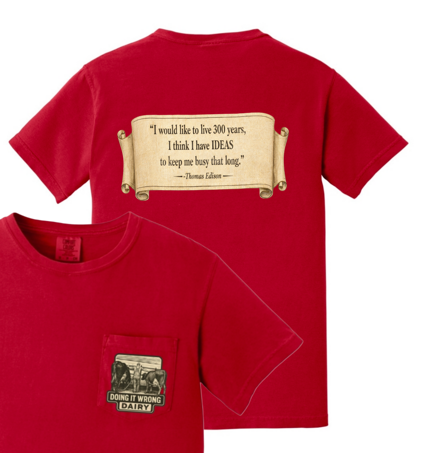 Heavy Cotton Pocket T-Shirt, Thomas Eddison Ideas Phrase- Black