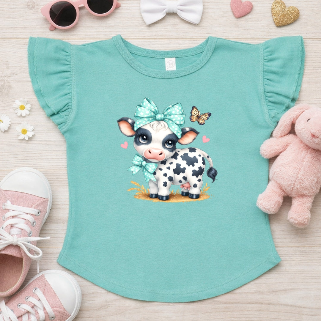Cute Butterfly Cow Flutter Sleeve T