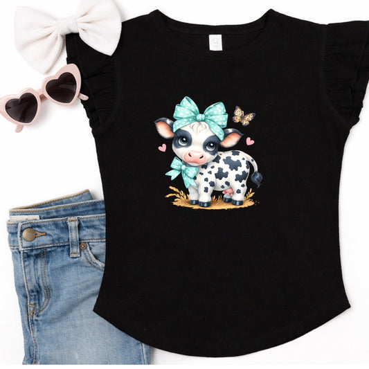 Cute Butterfly Cow Flutter Sleeve T