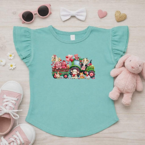 Valentines Day Tractor Ride Flutter Sleeve T-Shirt
