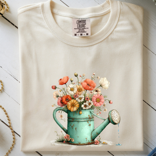 Rustic Spring T-Shirt, Blue Watering Can